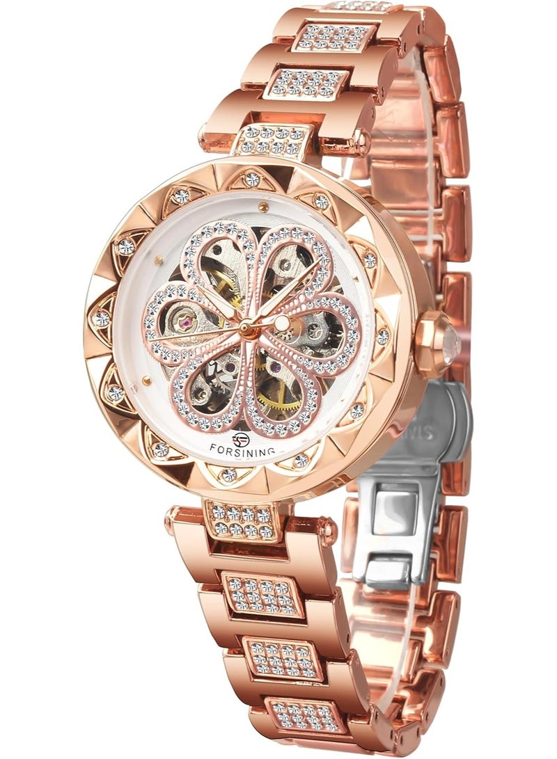 FORSINING Women Automatic Mechanical Watches Skeleton Steampunk Watch with Diamond and Carving Flower Craft Cold Watch for Women Minimalist Retro Design Mechanical Skeleton Wrist Watch - Image 1